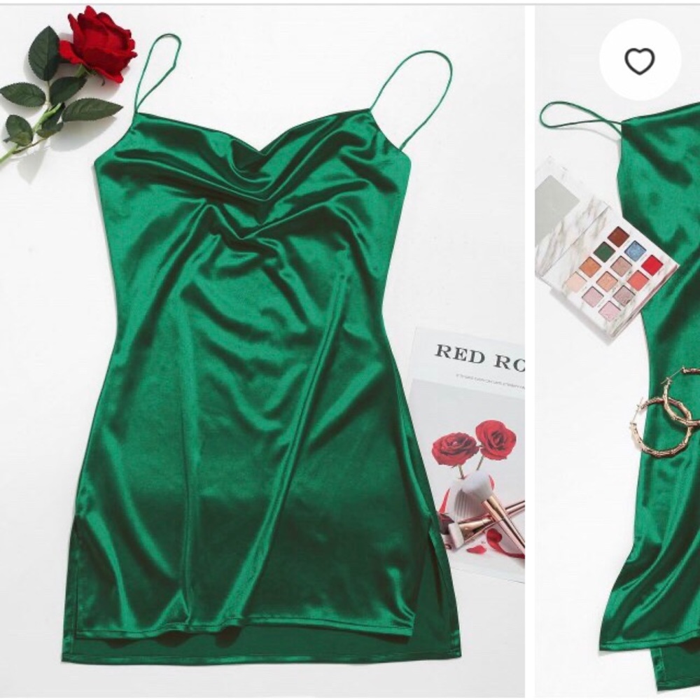 Zaful Side Slit Satin Dress Green